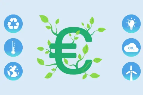 Simbolo euro verde con germogli, circondato da icone di riciclo, termometro, pianeta, lampadina, CO2 e turbina eolica. Investire in **fondi SRI** per un futuro sostenibile.