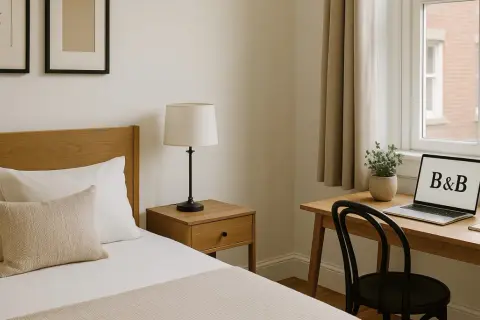 A B&B room with a bed, desk, laptop, and window.