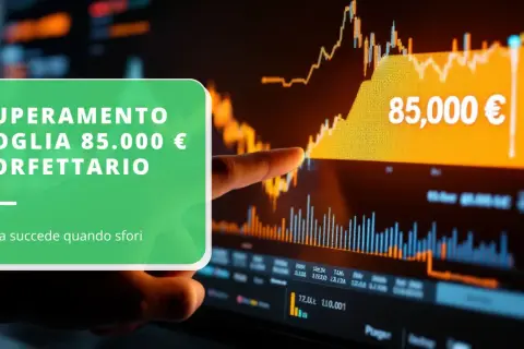 Superamento soglia 85.000 € forfettario: cosa succede quando sfori il limite? Grafico finanziario con indicatore di superamento.