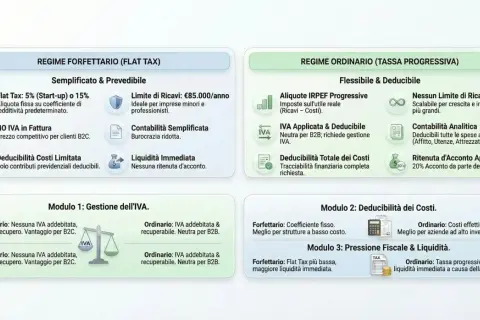 Confronto regimi fiscali: Forfettario (Flat Tax) vs Ordinario. Analisi IRPEF, IVA e deducibilità costi per partita IVA.