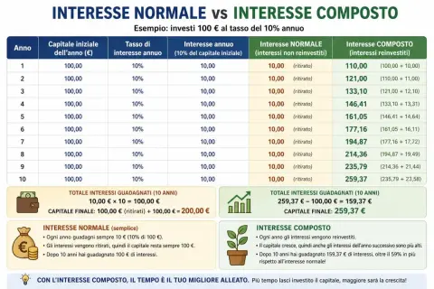 Tabella che confronta interesse normale e interesse composto su un investimento di 100€ per 10 anni al 10% annuo. L'interesse composto mostra una crescita esponenziale.