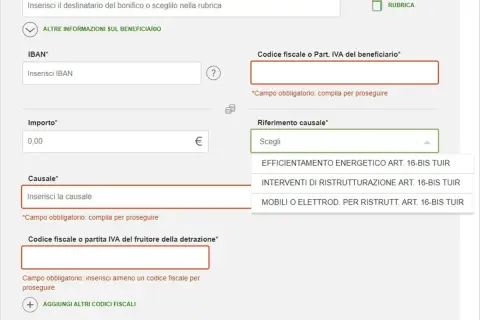 Compilazione di un bonifico parlante per detrazioni fiscali. Campi per IBAN, importo, causale e codice fiscale.
