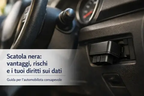 Dispositivo di **scatola nera assicurazione** collegato all'auto, con testo su vantaggi, rischi e diritti sui dati.