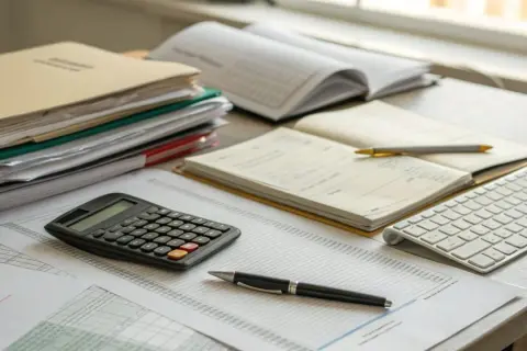 Scrivania con documenti, calcolatrice, tastiera e penne. Si sta calcolando la percentuale TFR per una busta paga.