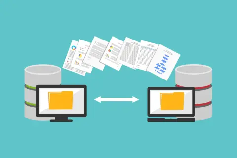 Trasferimento dati tra server, con documenti e grafici che volano. Un'immagine che evoca un bonifico extra SEPA efficiente e veloce.