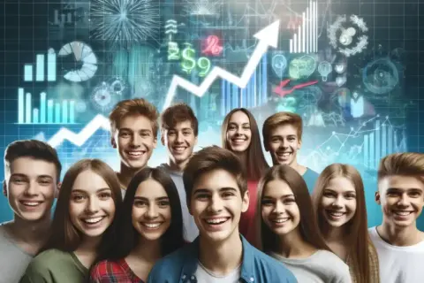 Giovani sorridenti con grafici finanziari e freccia in crescita sullo sfondo. Un futuro luminoso grazie all'investire per i figli.