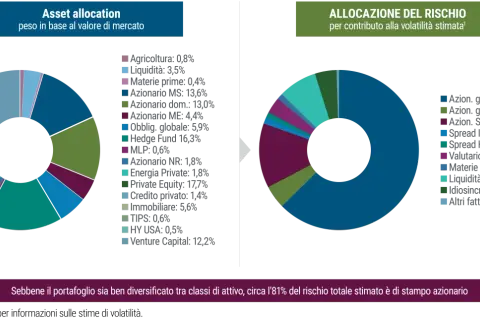Grafici a torta mostrano allocazione asset e rischio. La propensione al rischio è alta, con il 63% in azioni globali.