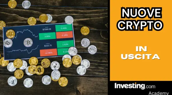 Un elenco di criptovalute con grafici e monete Bitcoin. Nuove crypto in uscita.