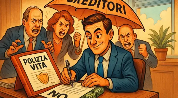 Un uomo firma una polizza vita, protetto da un ombrello "CREDITORI". Altri sono furiosi. Scopri quali sono le polizze vita impignorabili e insequestrabili.