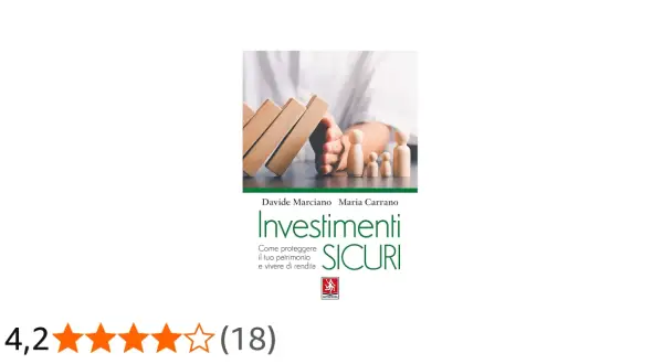 Copertina libro "Investimenti Sicuri": una mano protegge una famiglia di omini di legno da blocchi di domino che cadono, suggerendo come investire senza rischi.