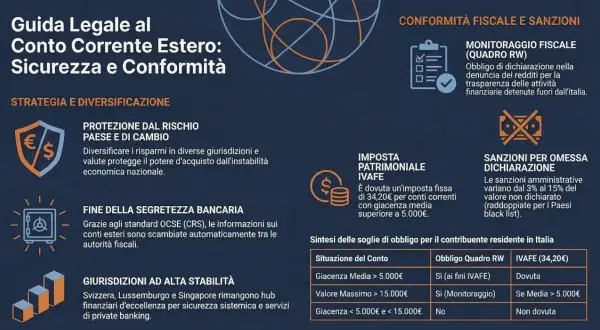 Guida legale al conto corrente estero: sicurezza, conformità fiscale, IVAFE e sanzioni per omessa dichiarazione.