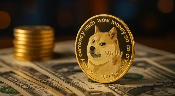 Moneta Doge coin dorata con cane sorridente, su banconote e pile di monete. "Wow, such currency, much money, so crypto!