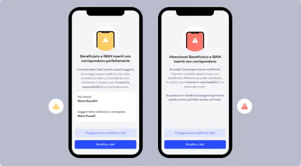 Schermate di un'app bancaria che avvisano di discrepanze tra beneficiario e IBAN. L'utente deve decidere se proseguire o modificare i dati per il bonifico.
