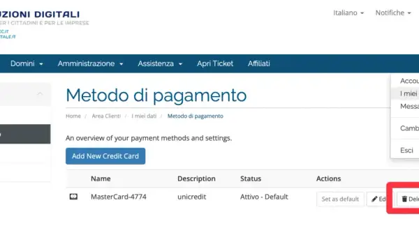Pagina "Metodo di pagamento" con un pulsante "Delete" evidenziato, per rimuovere un accredito su carta di credito.