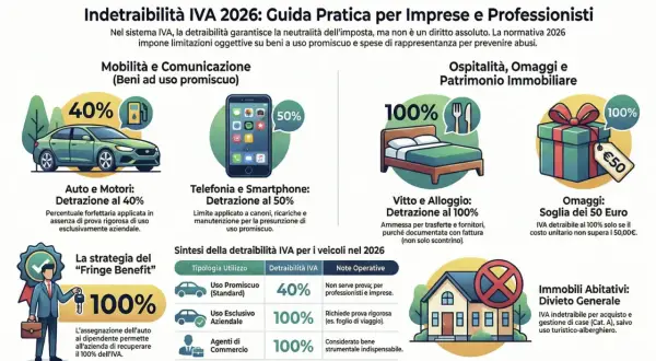 Guida IVA 2026: auto 40%, telefonia 50%, vitto/alloggio 100%. Omaggi sotto 50€ detraibili. Spese di rappresentanza con limiti.