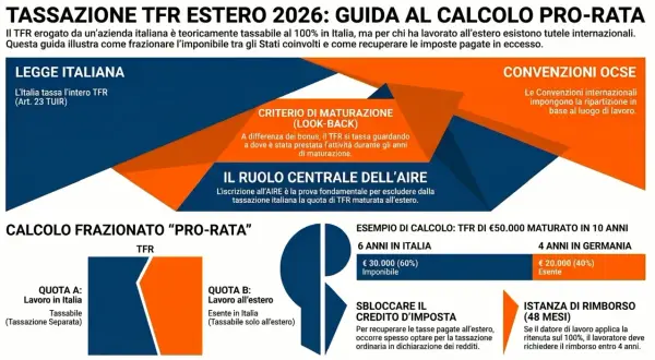Guida al calcolo pro-rata del TFR estero 2026: come frazionare l'imponibile tra Stati e recuperare tasse pagate in eccesso.