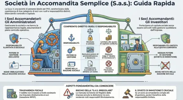 Schema che illustra la S.a.s. (società di persone) con ruoli e responsabilità distinti tra soci amministratori e investitori.