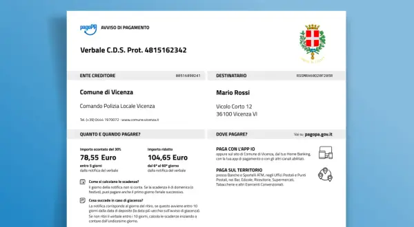 Avviso di pagamento per verbale C.D.S. del Comune di Vicenza. Ecco dove si possono pagare le multe: online, con app, banche, uffici postali, tabaccherie e altri esercizi convenzionati.