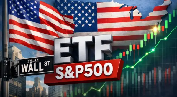 ETF S&P500, bandiera USA, Wall Street e grafici indici americani borsa in crescita.