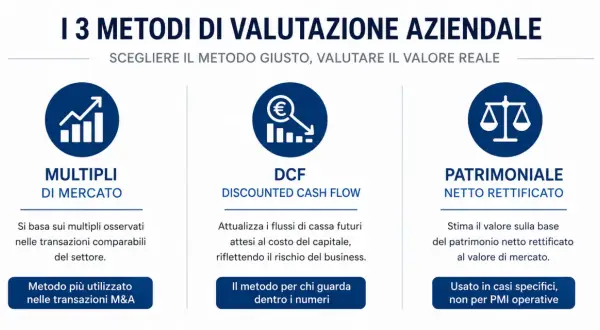 I 3 metodi di valutazione aziendale: Multipli di Mercato, DCF e Patrimoniale. Utili per la gestione spese aziendali.