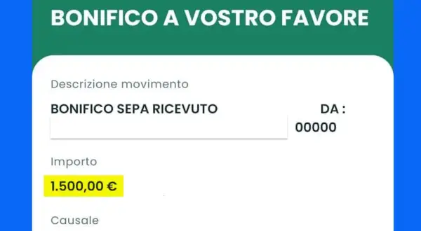 Dettagli di un bonifico SEPA ricevuto di 1.500€. Utile per capire come si scrive correttamente il codice IBAN.