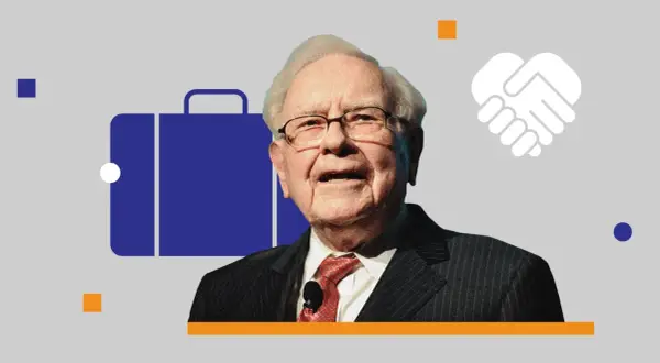 Warren Buffett, icona di investimenti, illustra il metodo Warren Buffett con simboli di valigetta e stretta di mano.