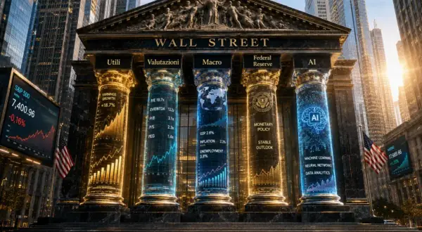 Il mercato americano oggi: la Borsa di Wall Street con colonne digitali che mostrano dati su utili, valutazioni, macroeconomia, Federal Reserve e AI.