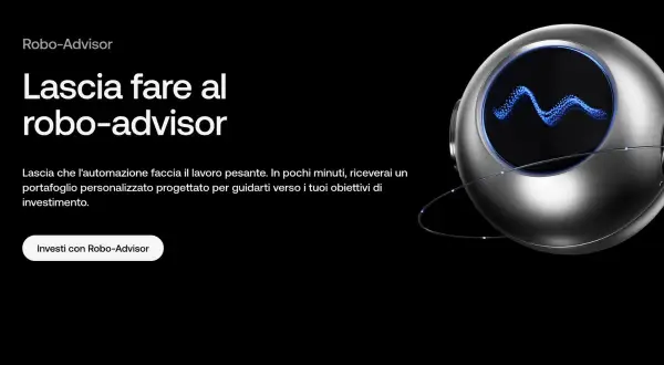 Un robot futuristico con uno schermo che mostra un grafico blu, simbolo di un robo advisor che gestisce investimenti personalizzati.