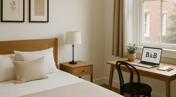 A B&B room with a bed, desk, laptop, and window.