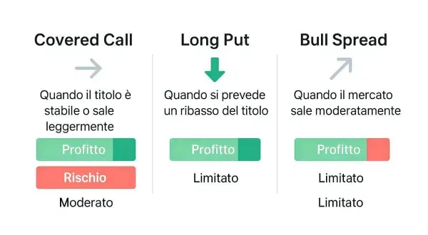 Strategie di trading: Covered Call, Long Put, Bull Spread. Ogni strategia illustra quando si ottiene profitto o rischio, come una stock option.