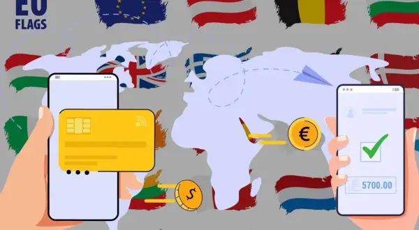 Mani che usano smartphone per bonifici internazionali. Bandiere UE e mappa del mondo suggeriscono transazioni europee, forse con bper problemi bonifici.