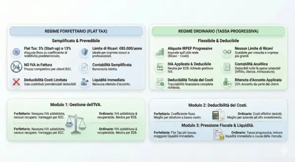 Confronto regimi fiscali: Forfettario (Flat Tax) vs Ordinario. Analisi IRPEF, IVA e deducibilità costi per partita IVA.