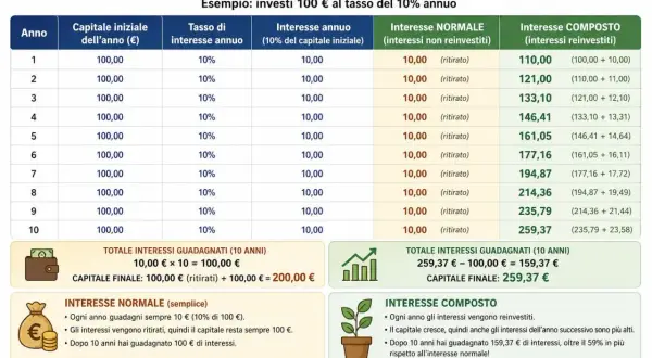Tabella che confronta interesse normale e interesse composto su un investimento di 100€ per 10 anni al 10% annuo. L'interesse composto mostra una crescita esponenziale.