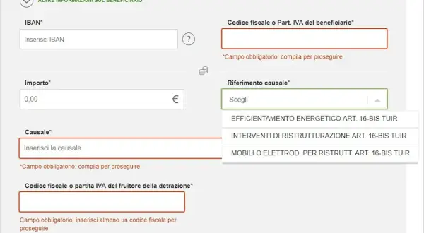 Compilazione di un bonifico parlante per detrazioni fiscali. Campi per IBAN, importo, causale e codice fiscale.