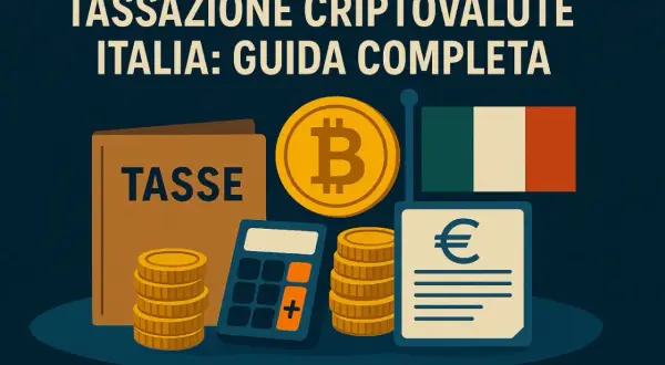 Guida alla tassazione criptovalute in Italia: calcolatrice, monete, Bitcoin, bandiera italiana e documento con simbolo euro.