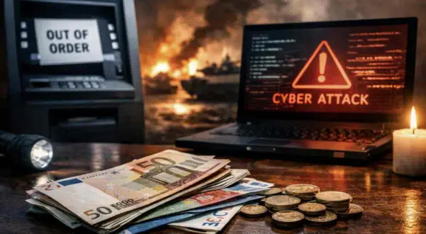In caso di guerra, i soldi in banca che fine fanno? ATM fuori uso, attacco cyber su laptop, soldi e monete sul tavolo, candela accesa e fiamme sullo sfondo.
