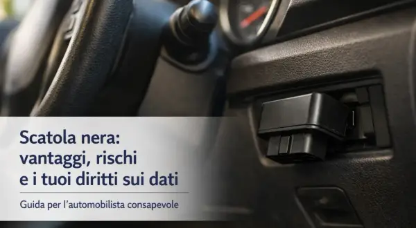 Dispositivo di **scatola nera assicurazione** collegato all'auto, con testo su vantaggi, rischi e diritti sui dati.