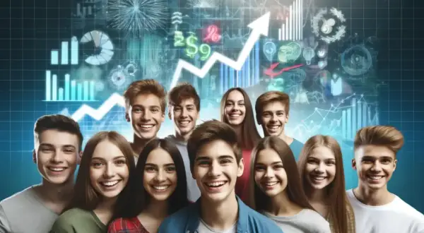 Giovani sorridenti con grafici finanziari e freccia in crescita sullo sfondo. Un futuro luminoso grazie all'investire per i figli.
