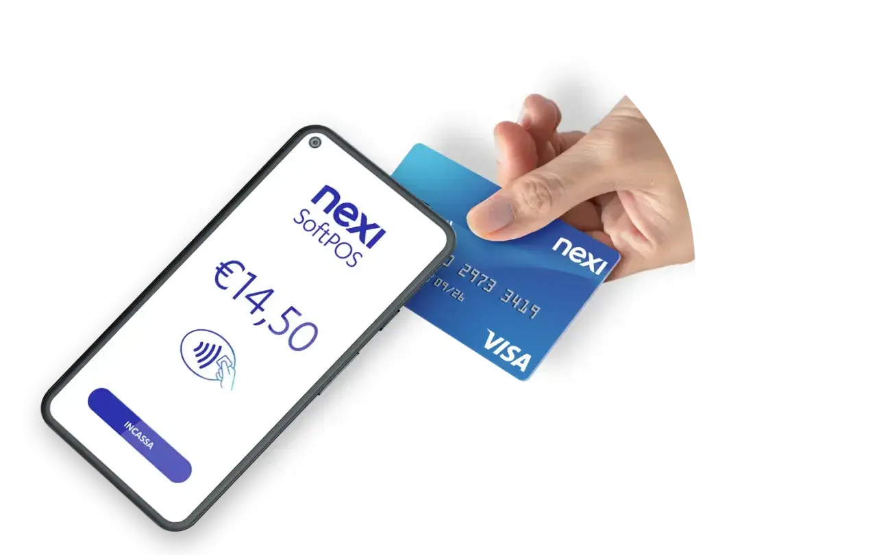 Pagamento contactless con Nexi SoftPOS: una mano avvicina una carta Visa a uno smartphone con importo €14,50 visualizzato.