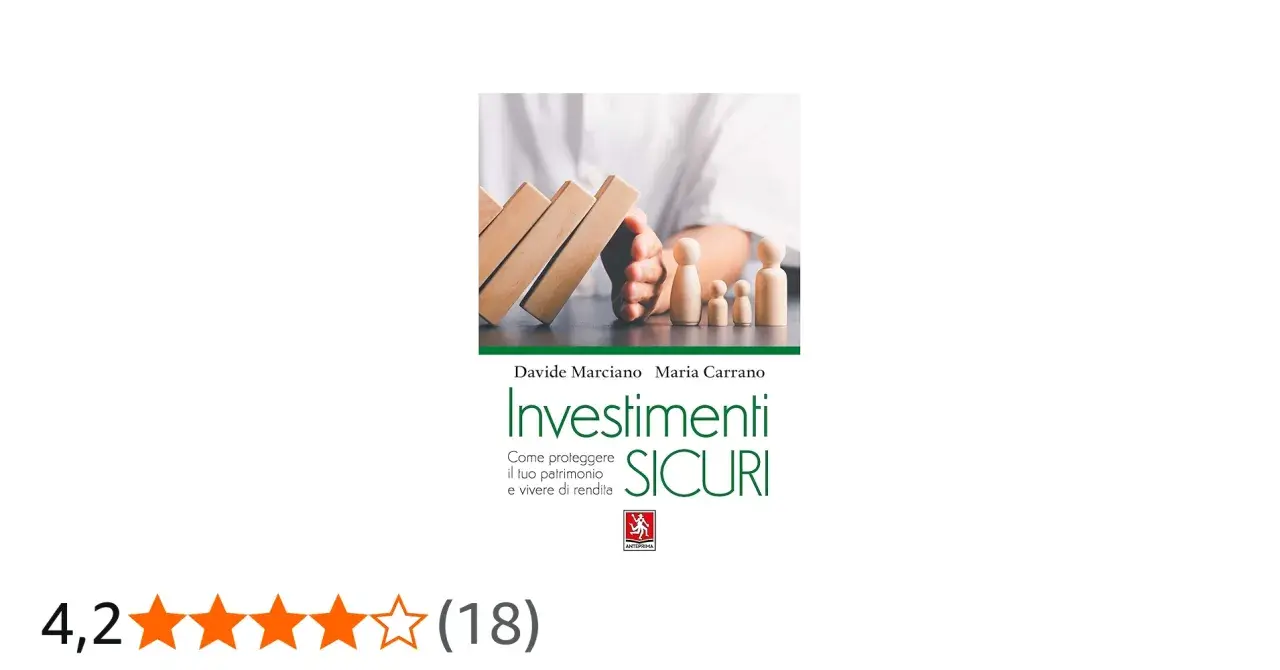 Copertina libro "Investimenti Sicuri": una mano protegge una famiglia di omini di legno da blocchi di domino che cadono, suggerendo come investire senza rischi.
