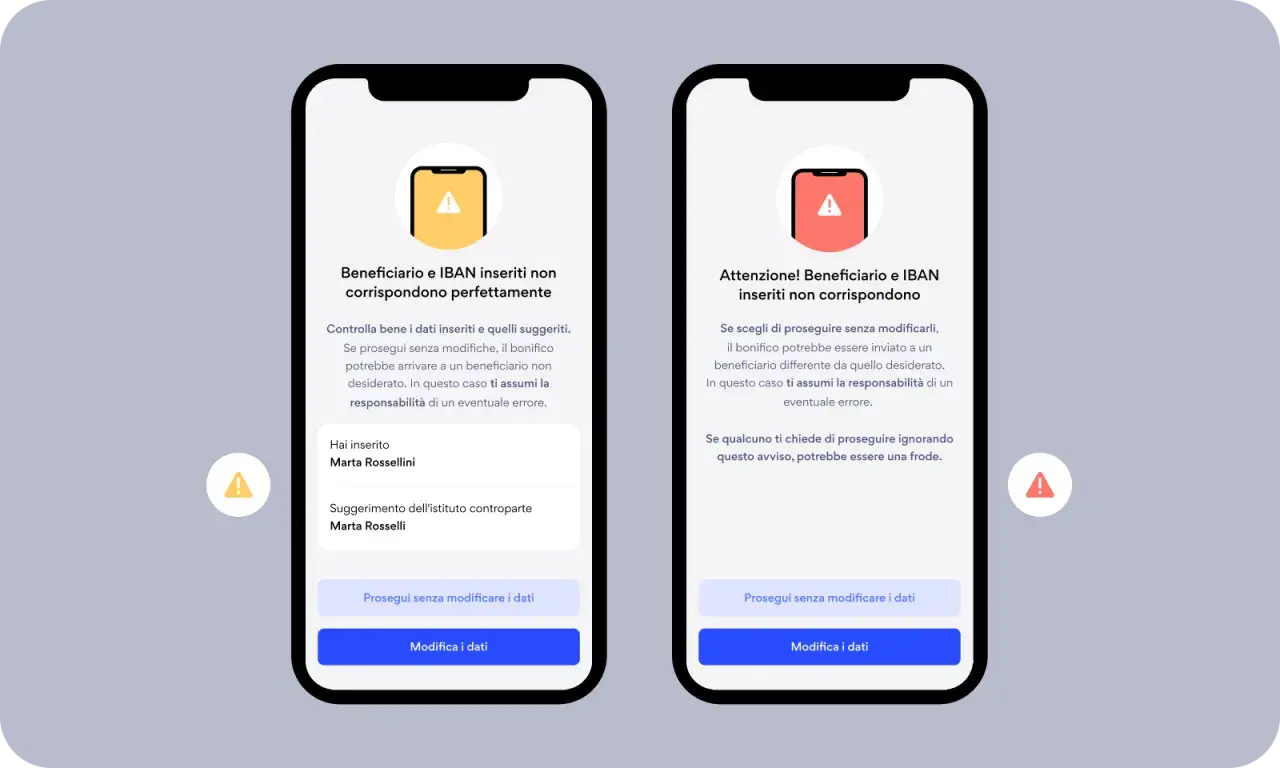 Schermate di un'app bancaria che avvisano di discrepanze tra beneficiario e IBAN. L'utente deve decidere se proseguire o modificare i dati per il bonifico.