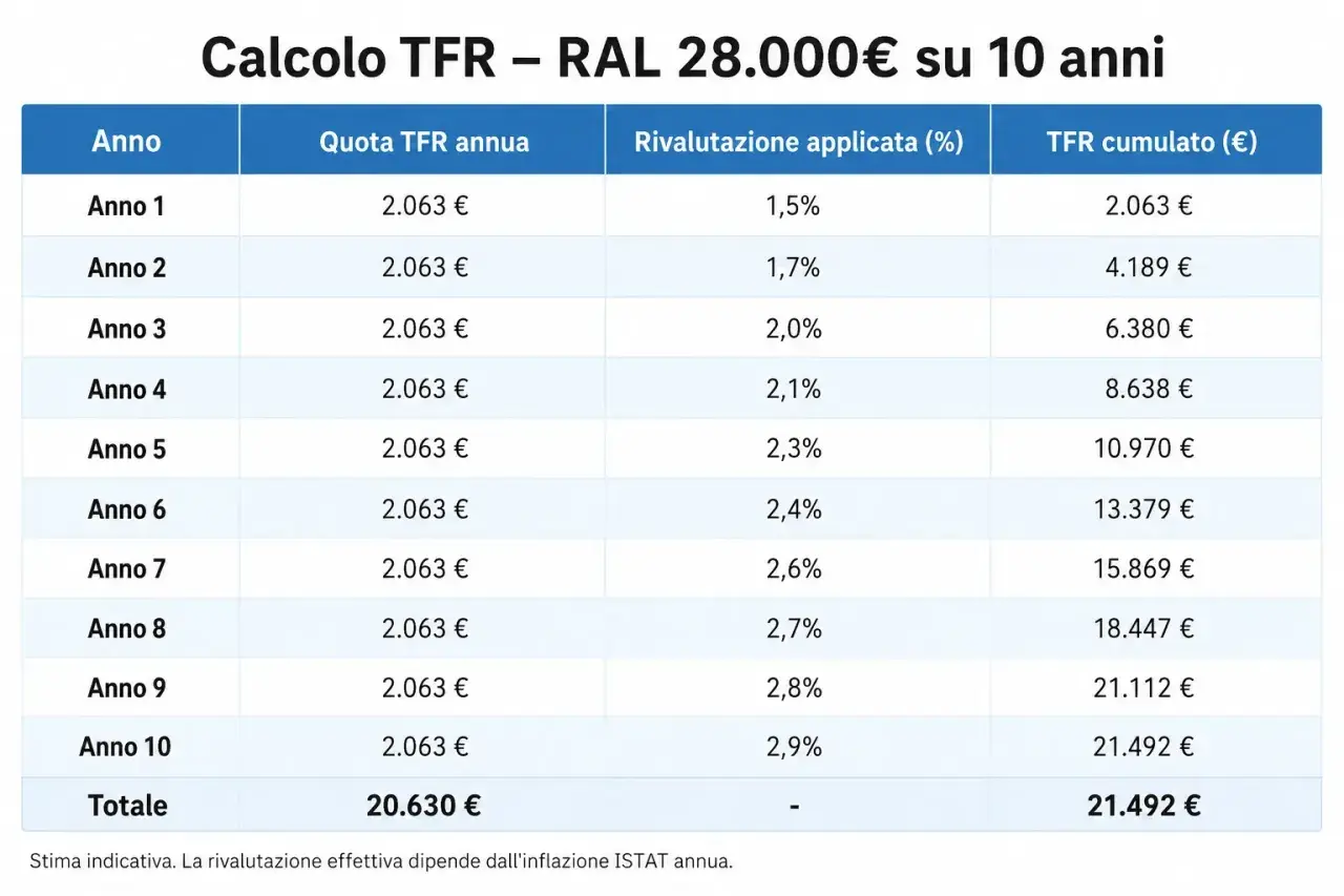 Tabella che illustra il calcolo del TFR su 10 anni con RAL 28.000€, mostrando la quota annua, la rivalutazione e il TFR cumulato.