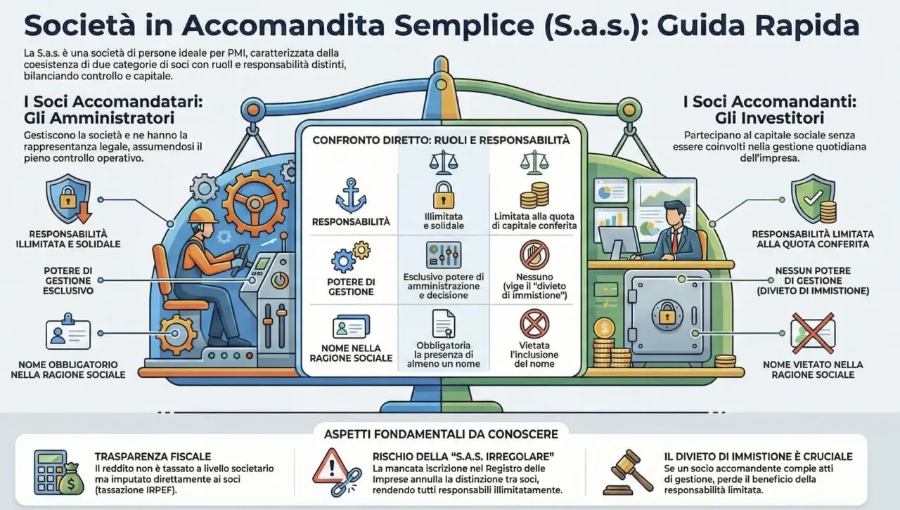 Schema che illustra la S.a.s. (società di persone) con ruoli e responsabilità distinti tra soci amministratori e investitori.