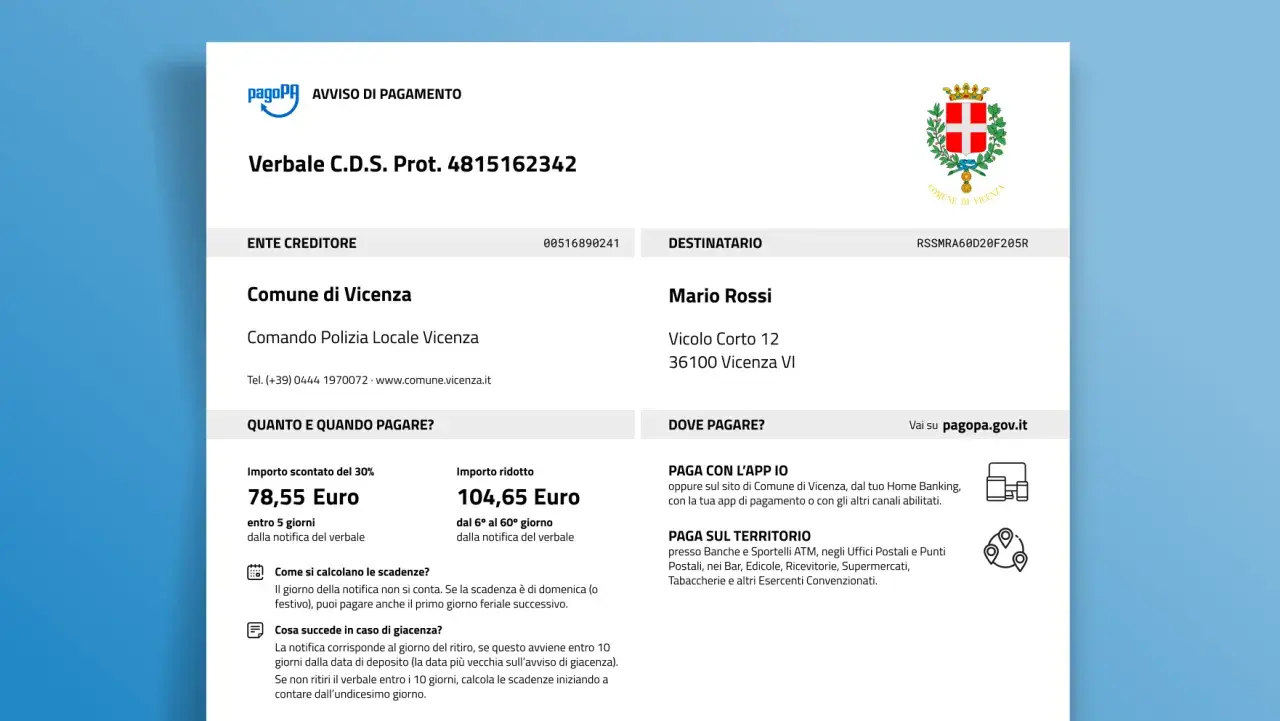Avviso di pagamento per verbale C.D.S. del Comune di Vicenza. Ecco dove si possono pagare le multe: online, con app, banche, uffici postali, tabaccherie e altri esercizi convenzionati.