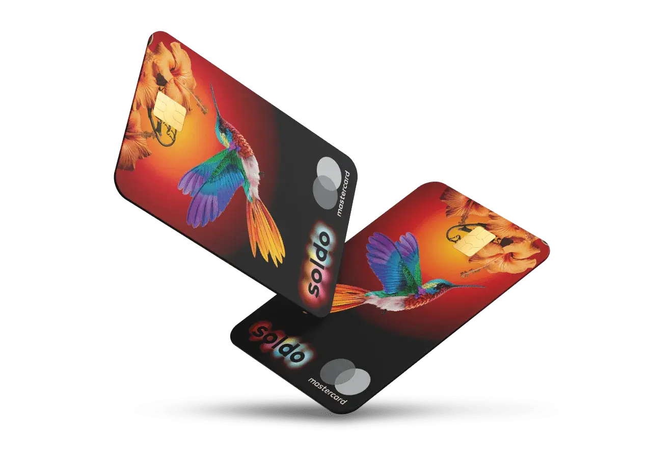 Due carte Soldo Mastercard con colibrì e fiori. L'amministratore può usarle per spese personali, ma attenzione all'utilizzo della carta di credito aziendale.