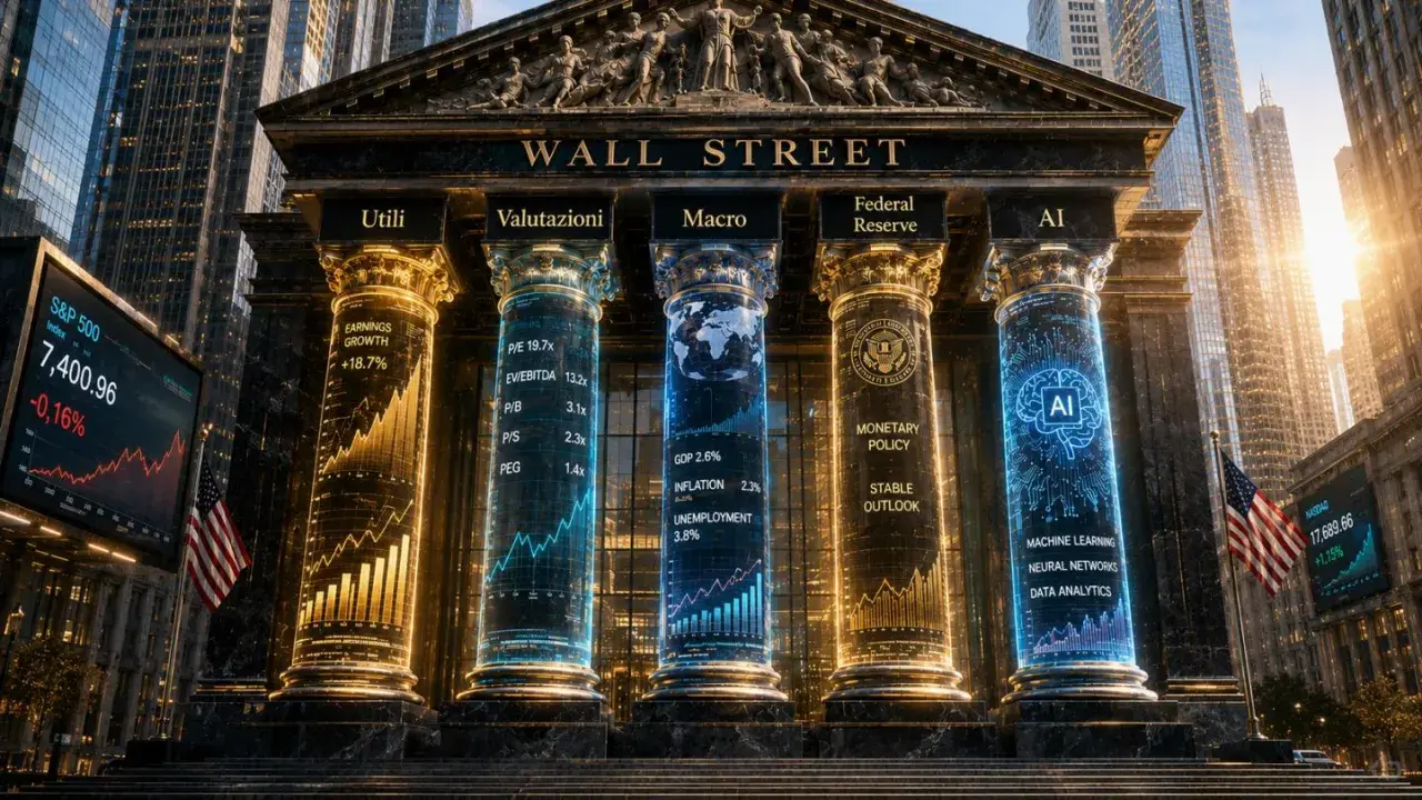 Il mercato americano oggi: la Borsa di Wall Street con colonne digitali che mostrano dati su utili, valutazioni, macroeconomia, Federal Reserve e AI.