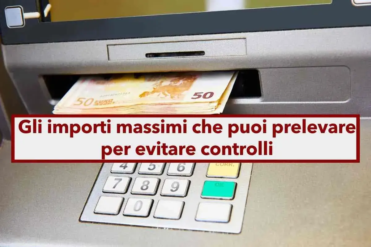 Banconote da 50 euro escono da uno sportello ATM. Il testo indica "Gli importi massimi che puoi prelevare per evitare controlli".
