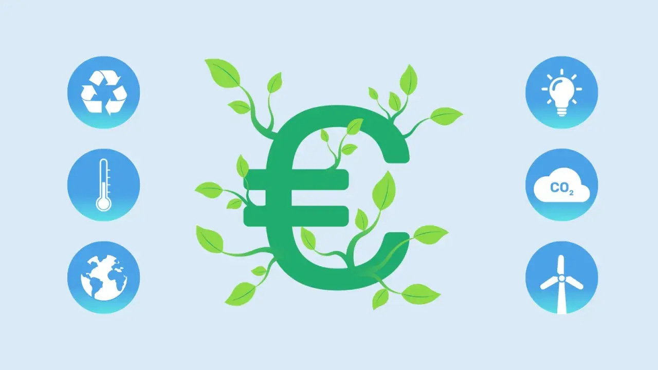 Simbolo euro verde con germogli, circondato da icone di riciclo, termometro, pianeta, lampadina, CO2 e turbina eolica. Investire in **fondi SRI** per un futuro sostenibile.