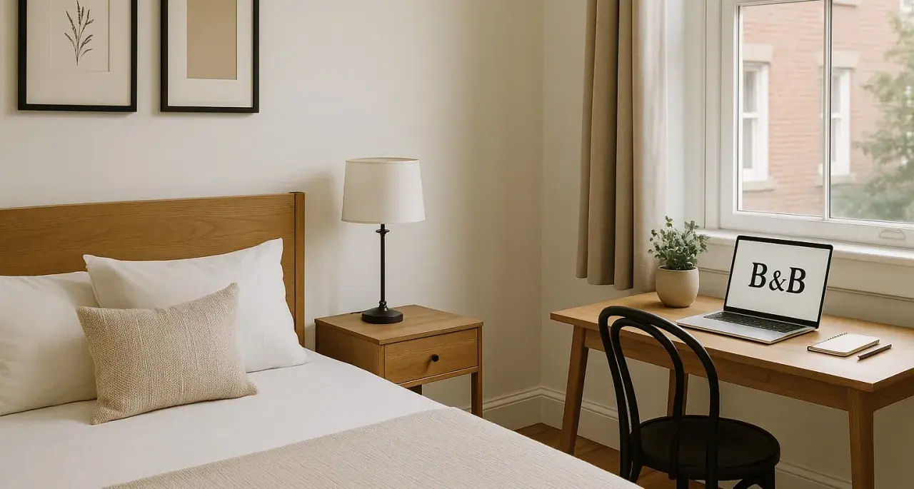A B&B room with a bed, desk, laptop, and window.