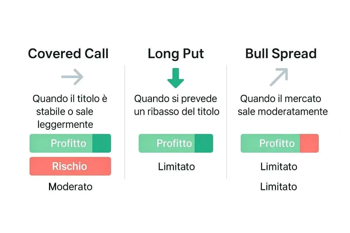 Strategie di trading: Covered Call, Long Put, Bull Spread. Ogni strategia illustra quando si ottiene profitto o rischio, come una stock option.